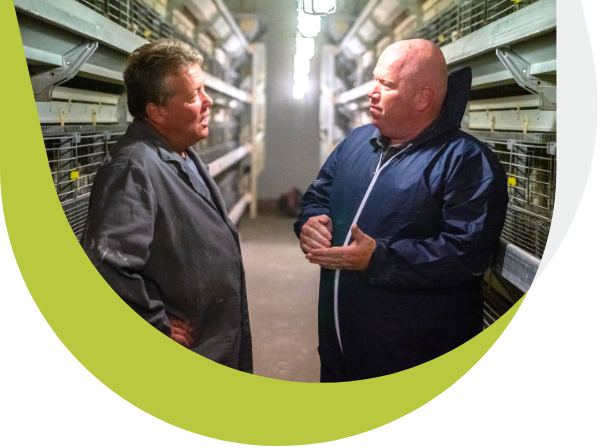Éric Dion, directeur stratégies commerciales secteur avicole chez Sollio Agriculture, conseille un producteur d'oeufs.