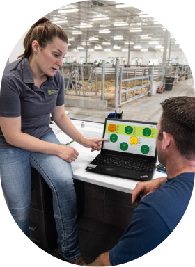 Une experte-conseil de Sollio Agriculture partage des conseils à un producteur laitier devant un ordinateur. 