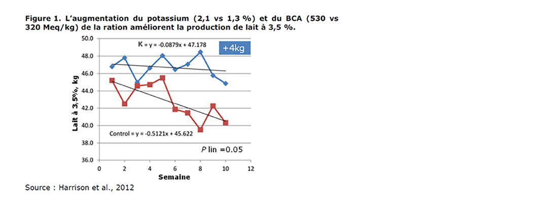 Figure démontrant que l'augmentation du potassium et du BCA de la ration améliorent la production de lait à 3,5%
