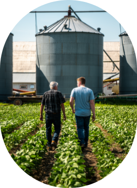 Deux producteurs agricoles prospères, dans leur champ face à des silos. 