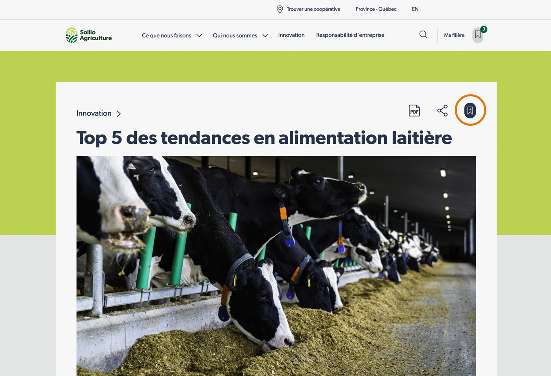 Le symbole Ajouter à Ma filière est encerclé dans le haut de la page d'un article. 