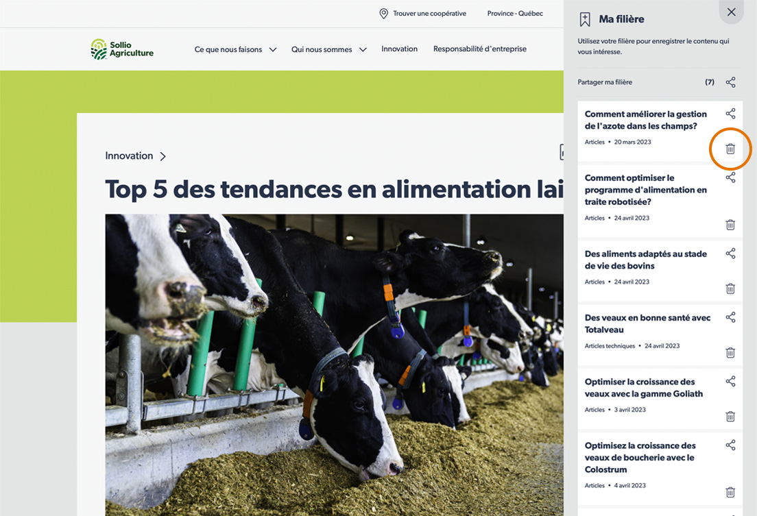 L'onglet Ma filière est ouvert et la corbeille est encerclée pour indiquer comment supprimer du contenu. 