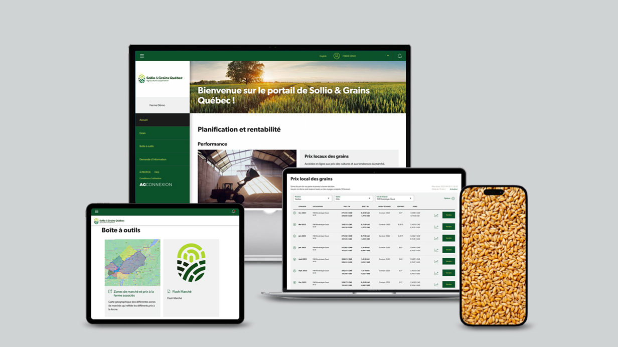 Presentation of the AgConnexion grain portal on different devices.
