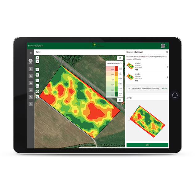 Capture d'écran d'une analyse de couches cartographiques de la plateforme AgConnexion | Ferme Intelligente sur un Ipad.