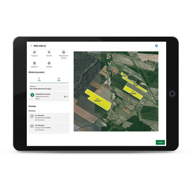 Capture d'écran du carnet de champ de la ferme intelligente de la plateforme AgConnexion.