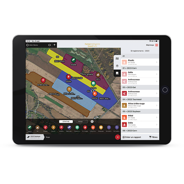 Capture d'écran d'un enregistrement de dépistage sur la plateforme AgConnexion | Ferme Intelligente sur un Ipad.