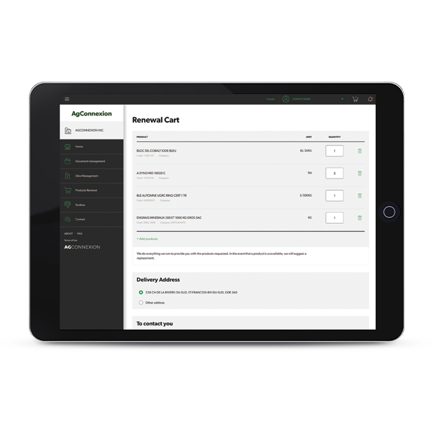 A screen capture of the Agconnexion | Portal cart renewal.