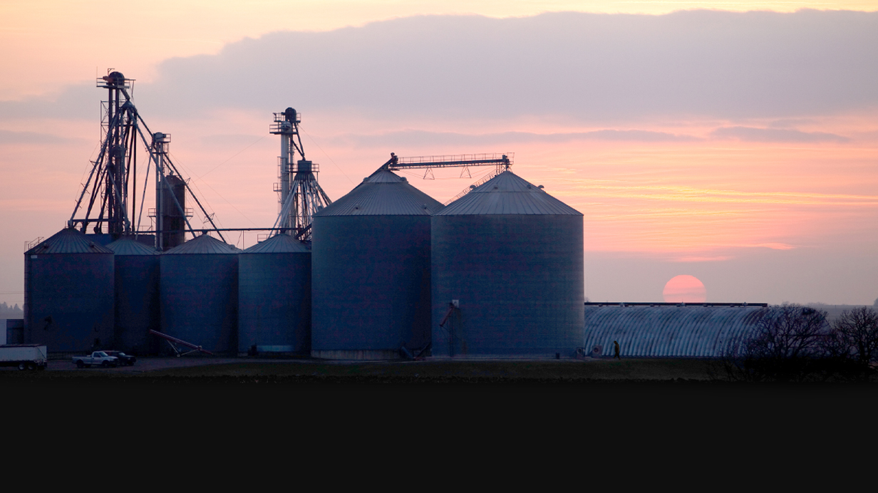 A field with grain elevators in the background.