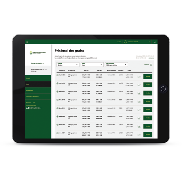 Capture d'écran de l'outil de vente de grains de la plateforme AgConnexion | Portail Grains.