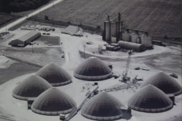 Le terminal Agromart vue de haut, avec ses sept dômes à l'origine.